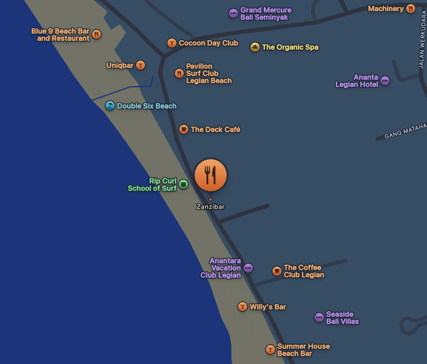 Map showing the RideVibesBali meet-up point at Double Six Beach, in front of Zanzi Bar Restaurant